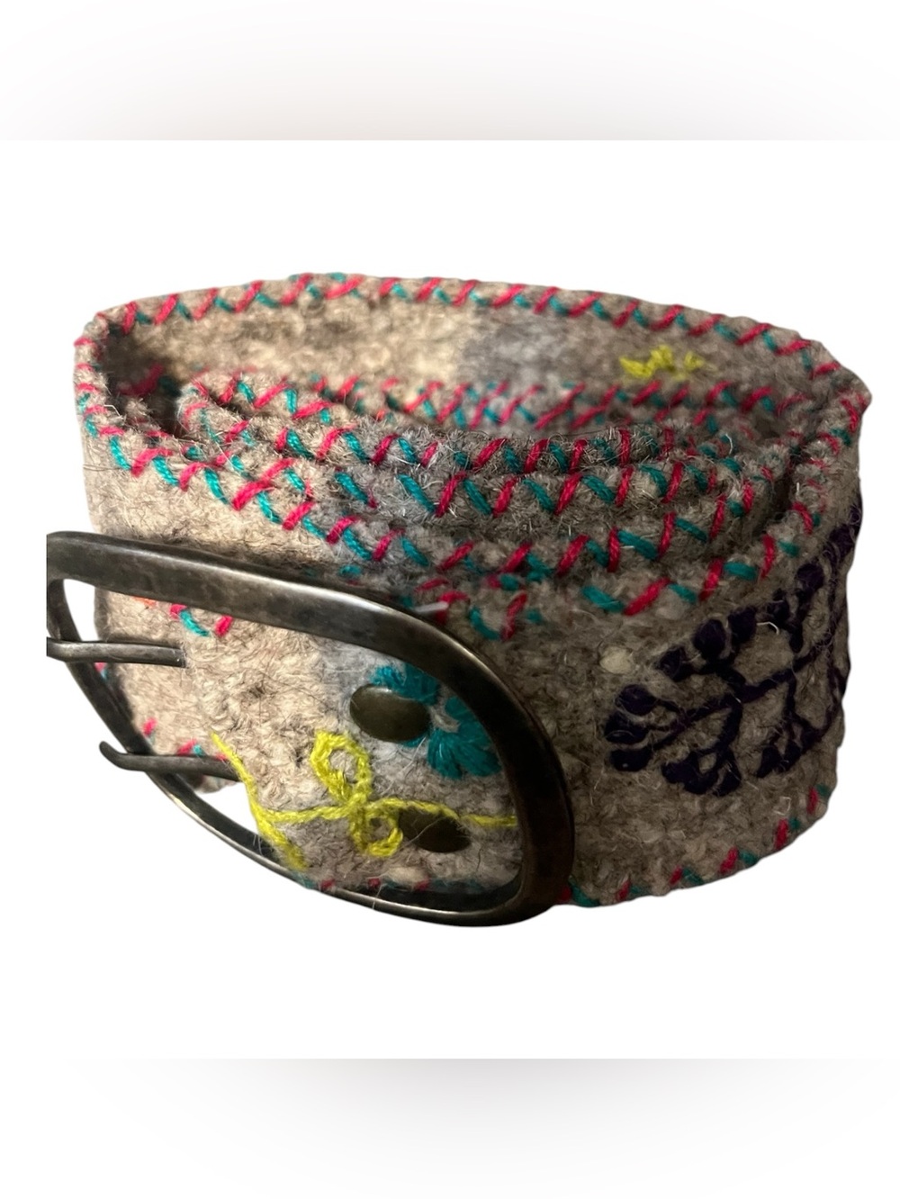 Embroidered Wool Belt in Beige with Teal & Pink Accents
